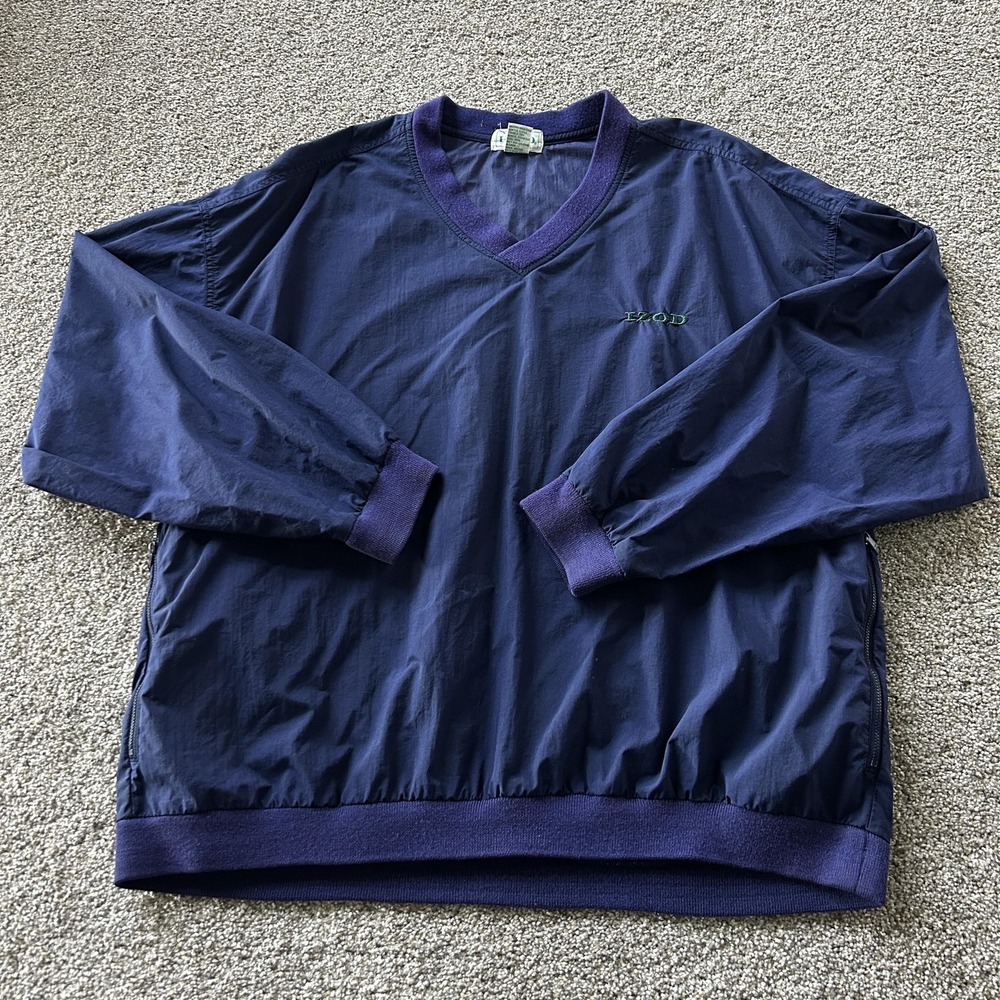 Vintage IZOD Jacket Mens Large Blue Nylon Pullover V Neck Windbreaker Logo Golf